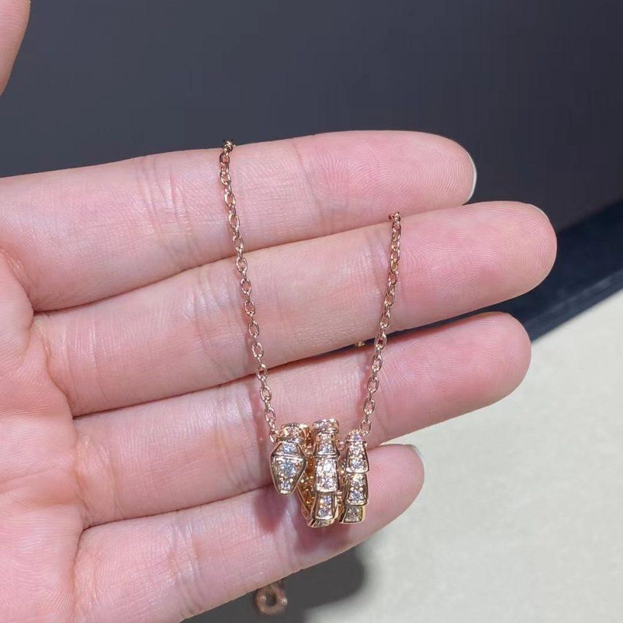 Bvlgari Serpenti Pink Gold Necklace Double Ring Cubic Zirconia
