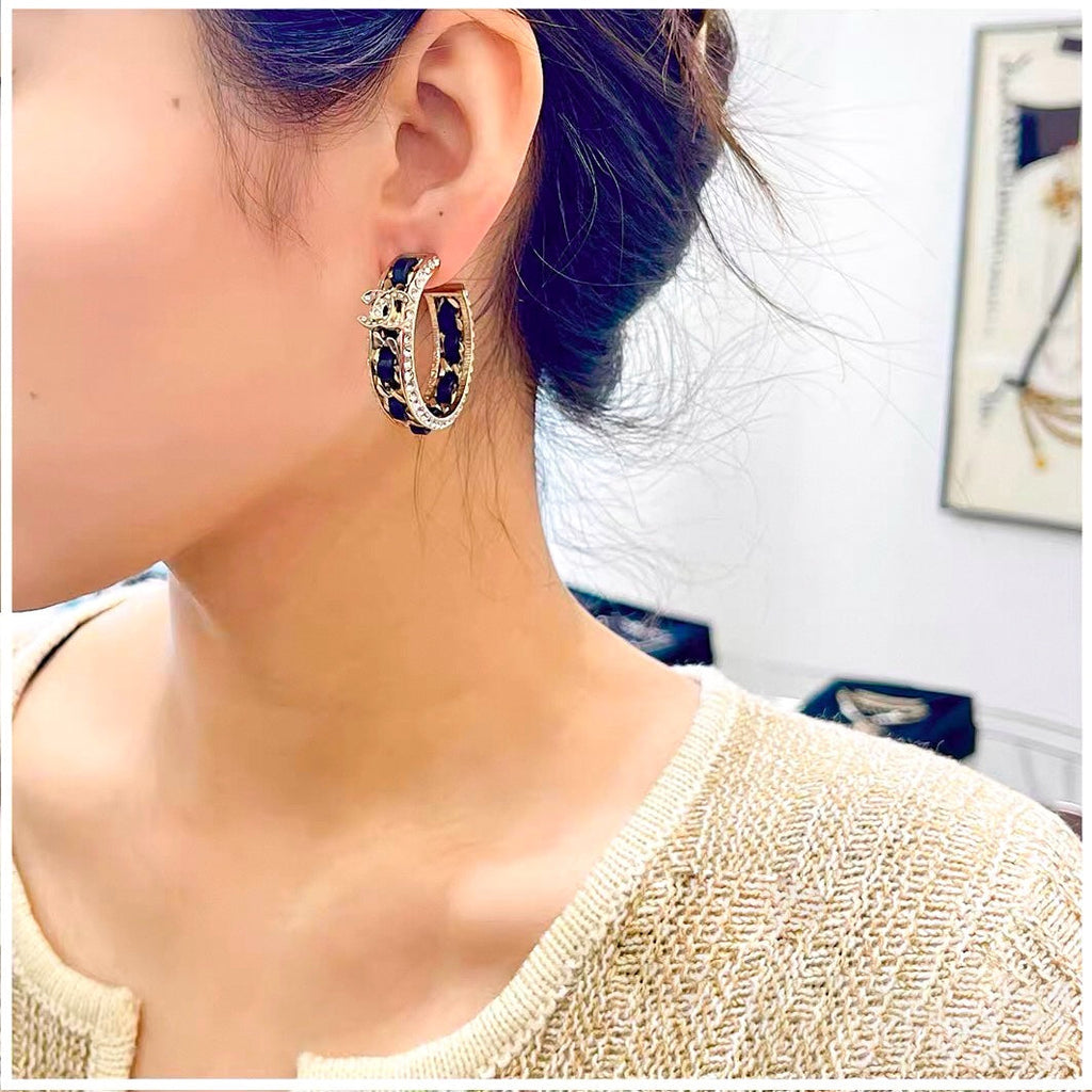 Chanel Double C Gold Leather Curved Hook Stud Earrings